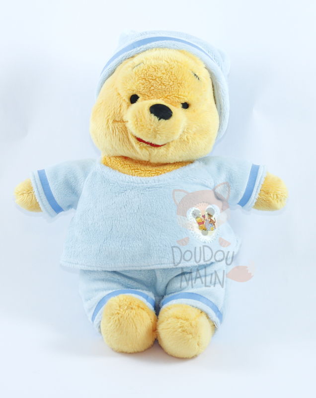  winnie lourson peluche pyjama bonnet bleu jaune 